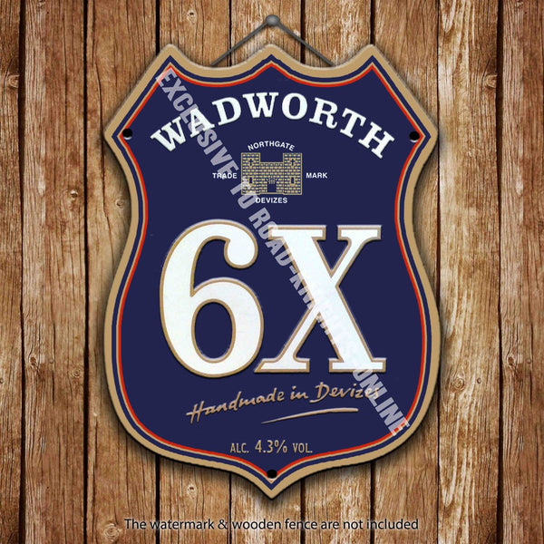 wadworth-6x-beer-advertising-bar-old-pub-drink-pump-badge-brewery-cask-keg-draught-real-ale-pint-alcohol-hops-shield-shape-metal-steel-wall-sign