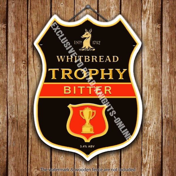 whitbread-trophy-bitter-beer-advertising-bar-old-pub-drink-pump-badge-brewery-cask-keg-draught-real-ale-pint-alcohol-hops-shield-shape-metal-steel-wall-sign