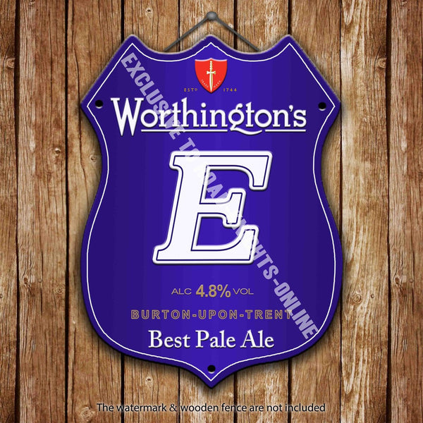 worthington-s-e-beer-advertising-bar-old-pub-drink-pump-badge-brewery-cask-keg-draught-real-ale-pint-alcohol-hops-shield-shape-metal-steel-wall-sign