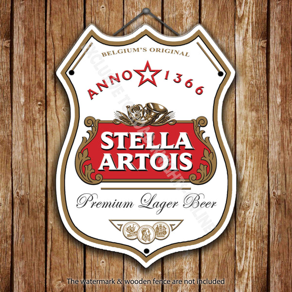 stella-artois-beer-advertising-bar-old-pub-beer-advertising-bar-old-pub-drink-pump-badge-brewery-cask-keg-draught-real-ale-pint-alcohol-hops-shield-shape-metal-steel-wall-sign