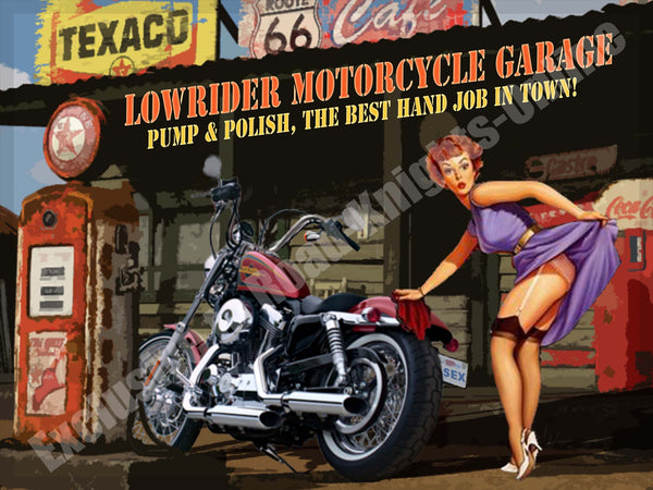 Lowrider Motorcycle Garage, Harley Davidson Chopper Metal/Steel Wall Sign