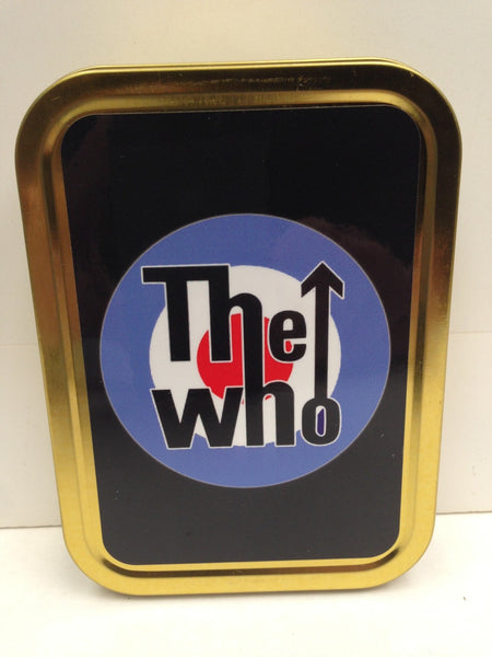 the-who-text-logo-on-target-classic-british-rock-band-black-background-mods-gold-sealed-lid-2oz-tobacco-storage-tin