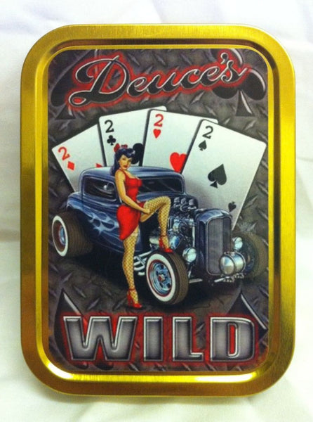 deuce-s-wild-sexy-pinup-in-red-dress-with-american-hot-rod-fish-nets-and-1950-s-design-ford-poker-4-of-a-kind-gold-sealed-lid-2oz-tobacco-storage-tin