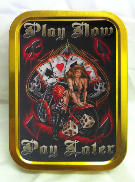 play-now-pay-later-bikini-leather-girl-on-back-of-motor-bike-tattoo-biker-chick-cards-4-aces-gold-sealed-lid-2oz-tobacco-storage-tin
