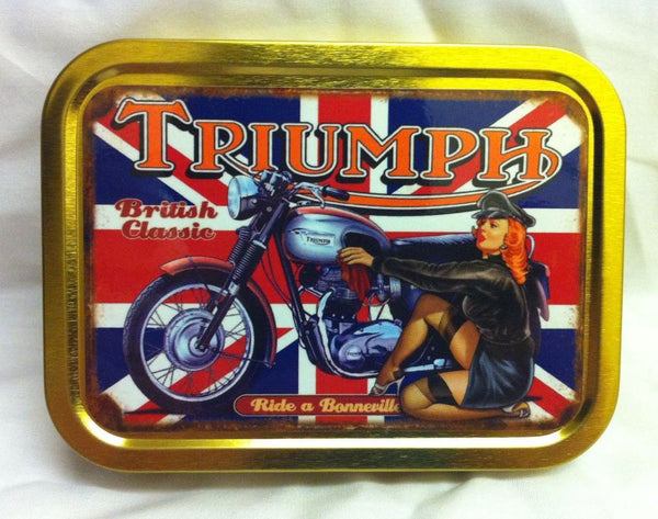 triumph-bonneville-british-classic-motor-cycle-bike-sexy-red-head-in-leathers-polishing-bike-50-s-design-on-union-jack-gold-sealed-lid-2oz-tobacco-storage-tin