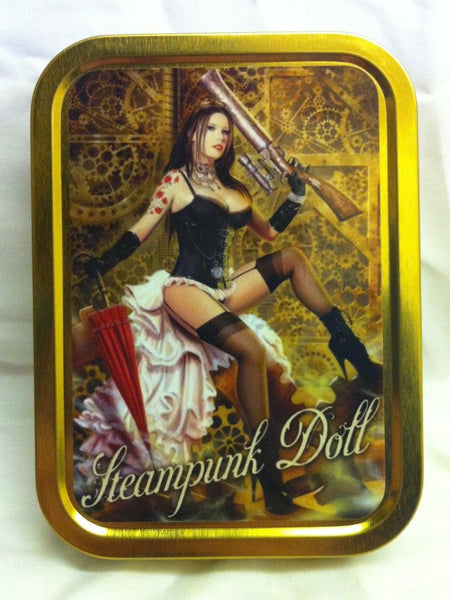 steampunk-doll-sexy-black-haired-girl-in-underwear-umbrella-and-blunderbuss-shot-gun-with-pointless-scope-comic-book-tattoos-gold-sealed-lid-2oz-tobacco-storage-tin